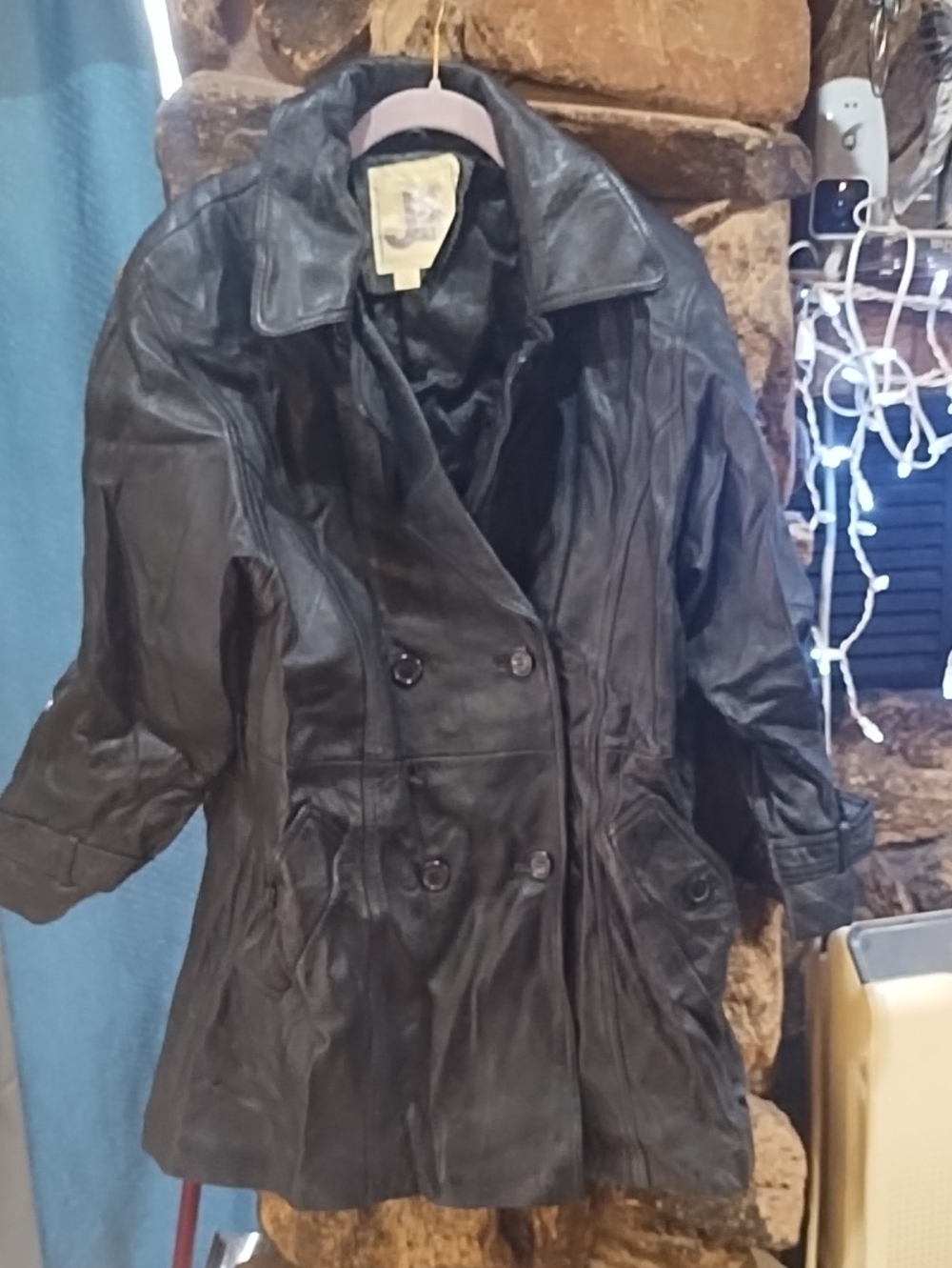JLC Women's Black Leather Double-Breasted Coat